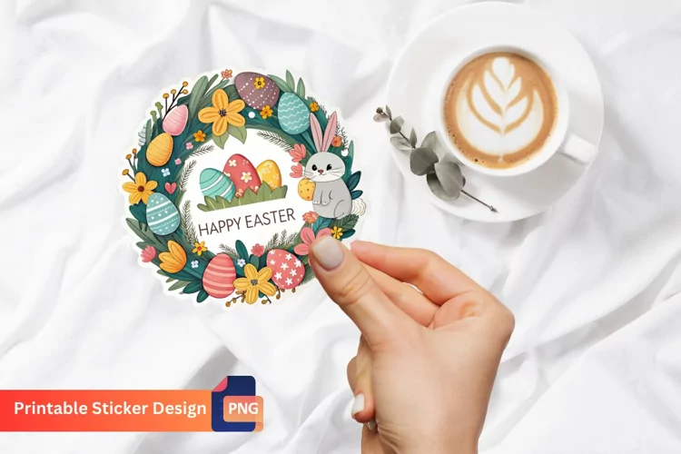 Easter Wreath Sticker, Happy Easter Sticker