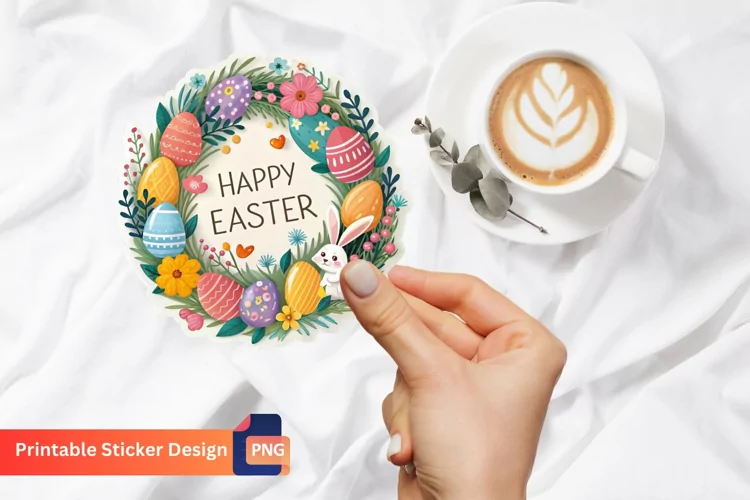 Easter Wreath Sticker, Happy Easter Sticker