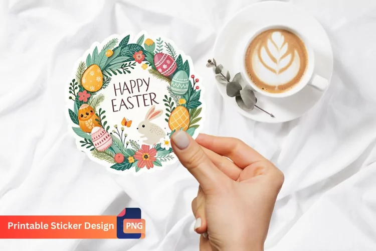 Easter Wreath Sticker, Happy Easter Sticker
