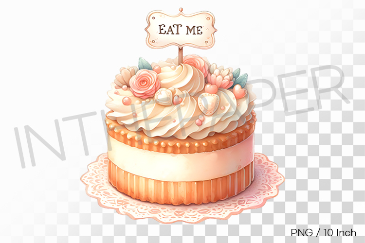 Ornate watercolor mini cake with Eat Me text PNG art illust