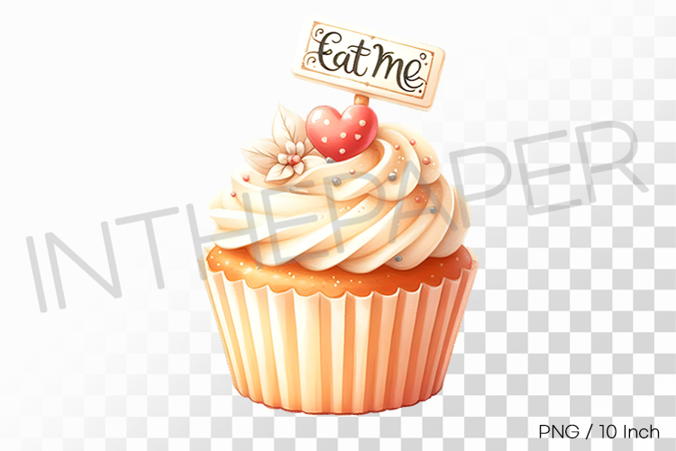 Watercolor Eat Me cupcake with cream and strawberry PNG art