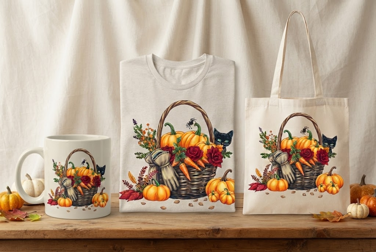 Fall Harvest Basket PNG | Pumpkin Cat Autumn Clipart
