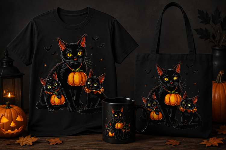 Halloween Black Cat Family PNG | Pumpkin Cat Clipart