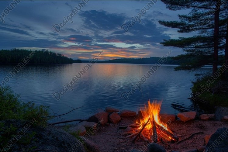 Serene lakeside campfire at dusk