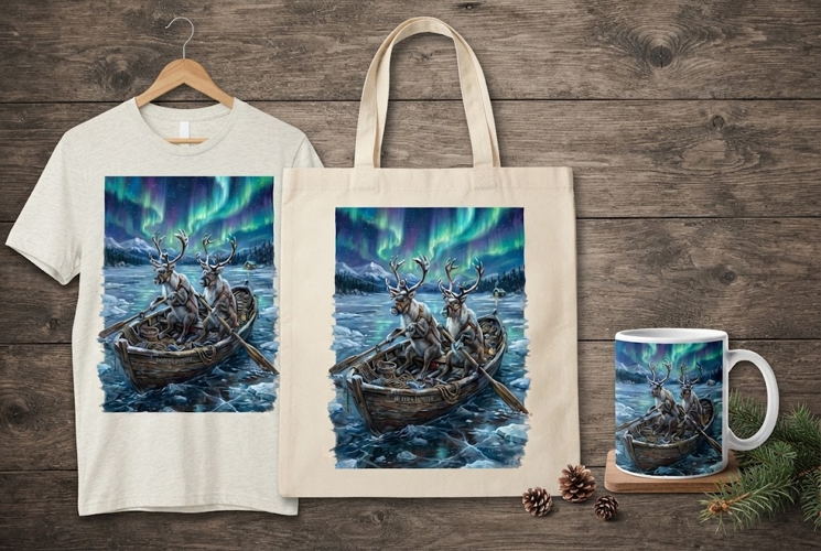 Reindeer Rowing Boat Under Northern Lights Art