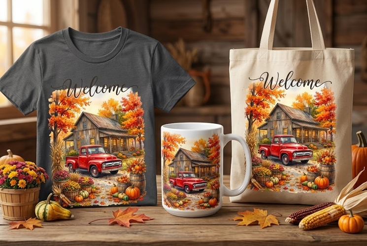 Welcome Fall Farmhouse PNG | Rustic Autumn Porch Sublimation
