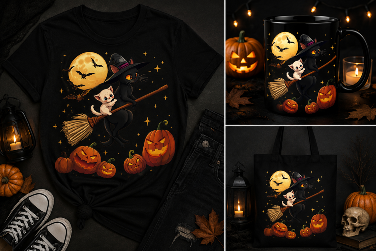 Halloween Witch Cat PNG | Black Cat Flying Broom Clipart