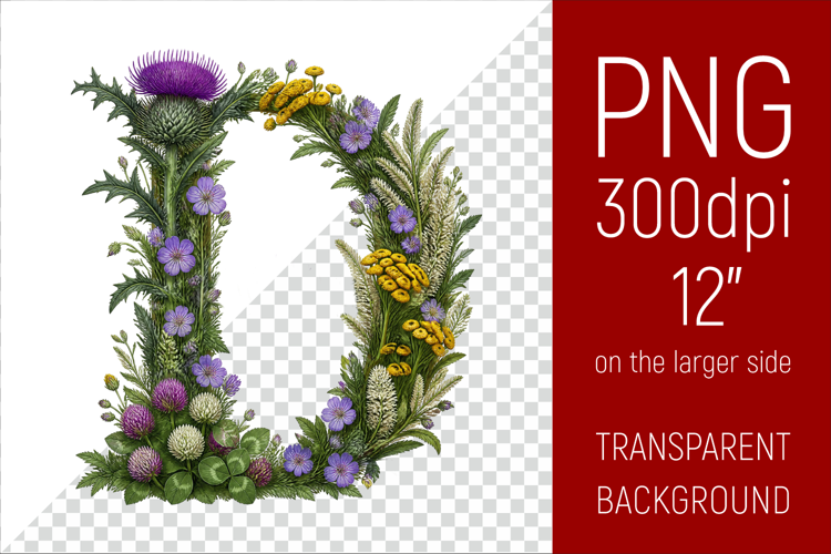 Floral D Monogram PNG | Wildflower Initial Letter Clipart