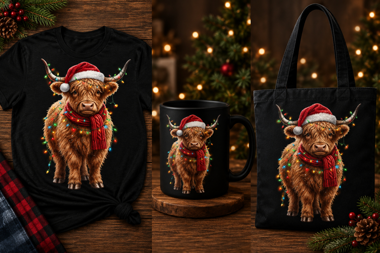 Christmas Highland Cow PNG with Santa Hat & Scarf Design