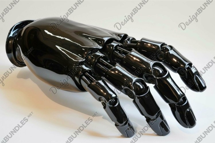 Black robotic hand opening its articulated fingers