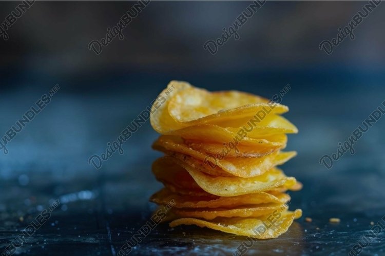 Stack of crispy potato chips standing on dark blue surface example image 1