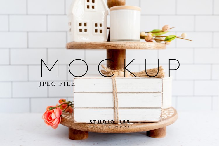 Wooden Book Stack Mockup, Tier Tray, Shelf Decor Photo, JPEG example image 1