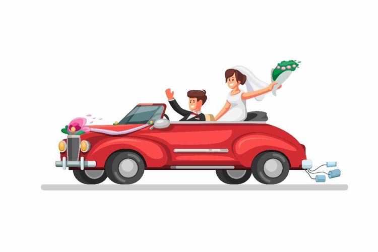 Bride on retro convertible car just married couple vector