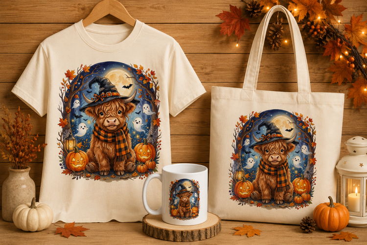 Witch Highland Cow Ghost Halloween Sticker Art Print