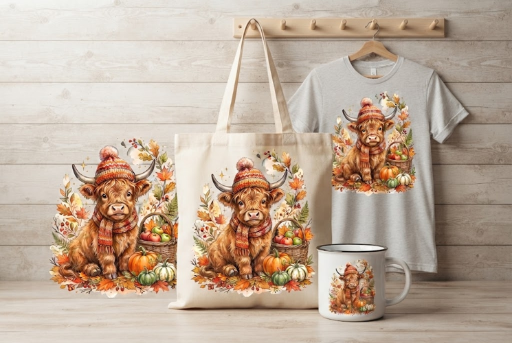 Baby Highland Cow Beanie Scarf Fall Harvest Art