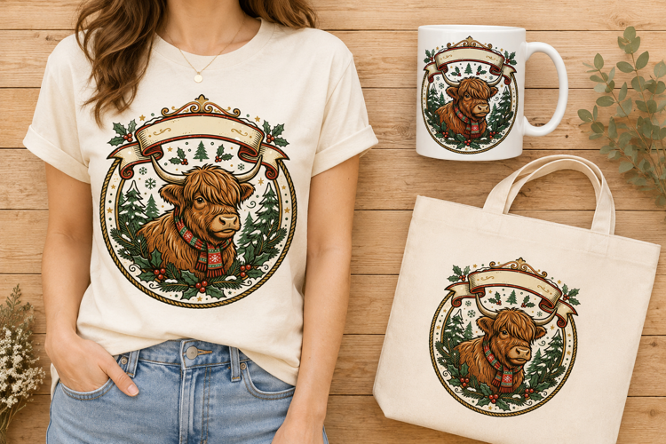 Christmas Highland Cow Vintage Holiday Art Print