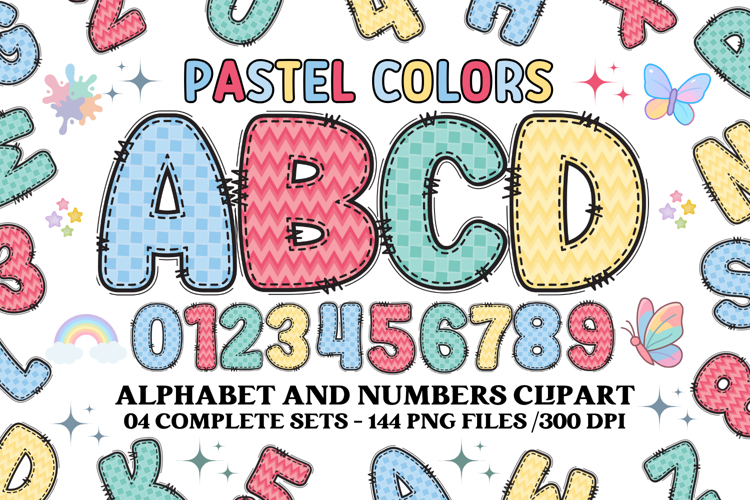 Pastel Patchwork Alphabet & Numbers PNG Clipart Bundle