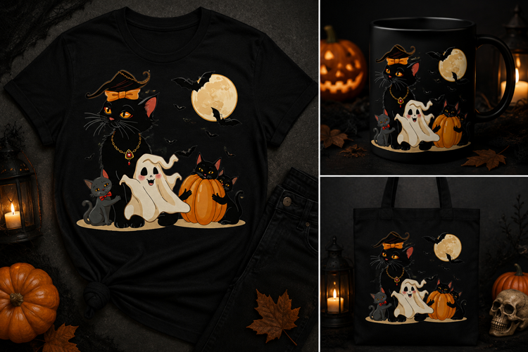 Halloween Black Cat Mom PNG | Witchy Cat Family Clipart