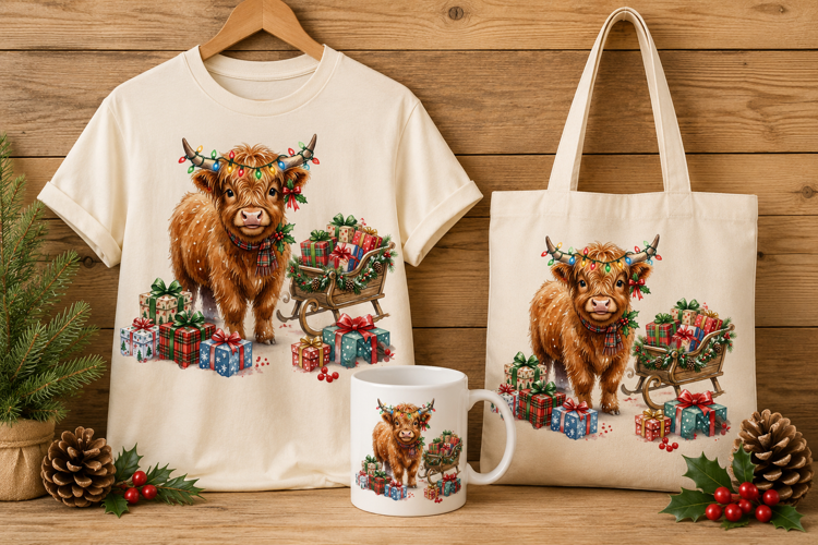 Highland Calf with Christmas Lights and Sled Art Print