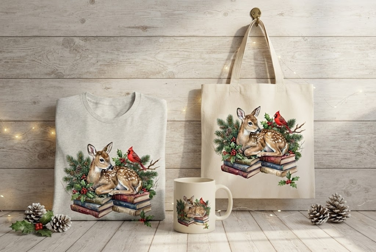 Fawn and Cardinals Christmas Books Holiday Art PNG