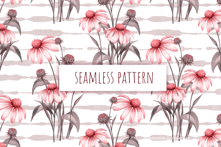 Pink Echinacea Floral Seamless Pattern