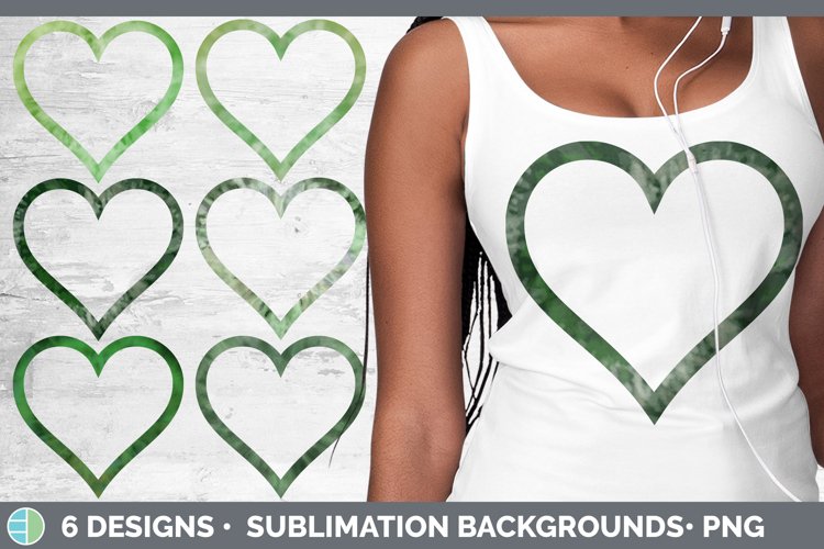 Bundle of six green tie dye heart frames clipart.