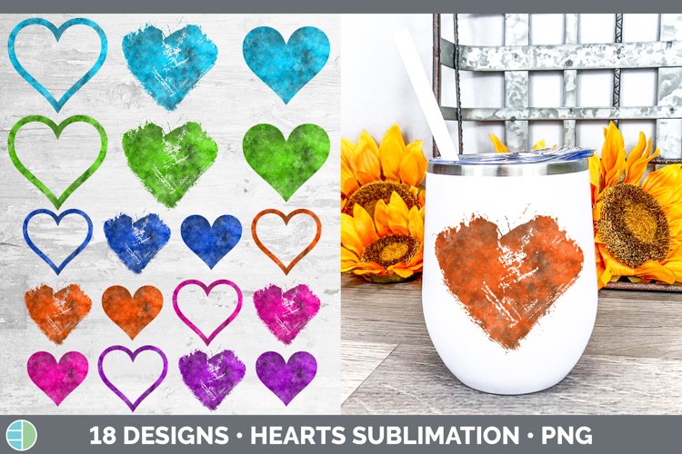 18 clipart hearts in brightly colored textures on tumbler mockup. Includes blue, green, pink, purple and orange watercolor designs. Hearts - Heart Frames - Grunge Heart Background