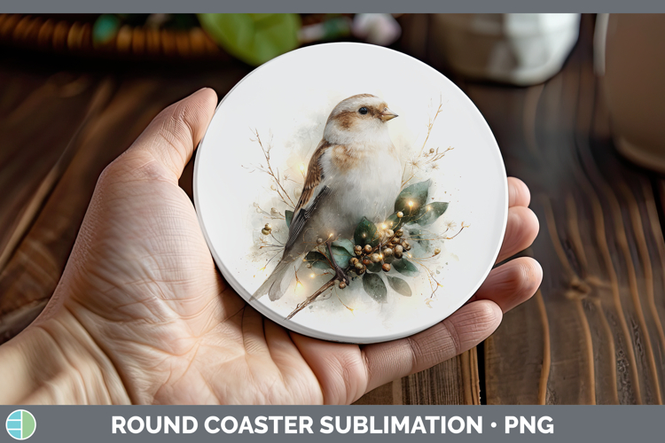 Snow Bunting Birds 01 Christmas Botanicals Round Coaster Sub