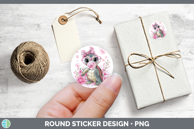Sea Turtle Animals Pink Bubble Gum Stickers Design