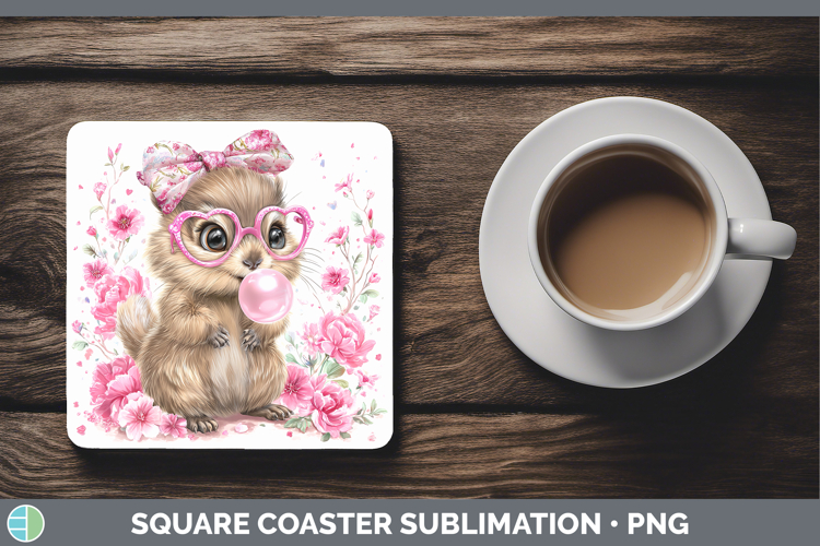 Groundhog Woodland Pink Bubble Gum Square Coaster Sublimatio