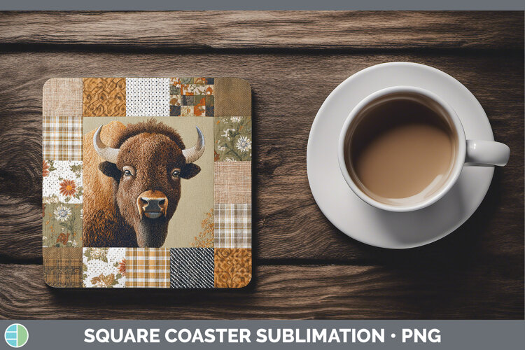 Bison Woodland Quilted Patchwork Square Coaster Sublimation example image 1