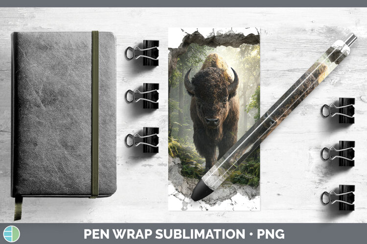 Bison Woodland 3D Hole Pen Wrap Sublimation Design example image 1