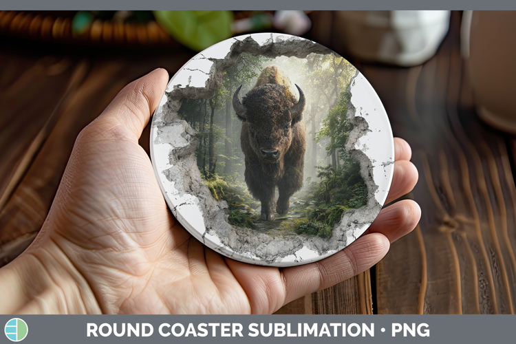 Bison Woodland 3D Hole Round Coaster Sublimation Design