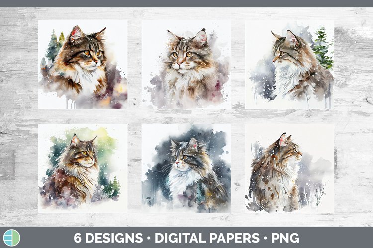 Winter Norwegian Forest Cat Backgrounds | Digital Scrapbook
