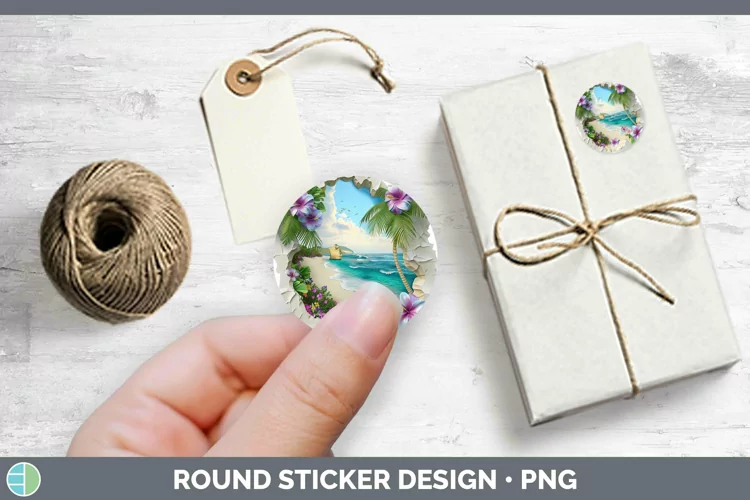 3D Hole in the Wall Beach Stickers | Round Labels Designs