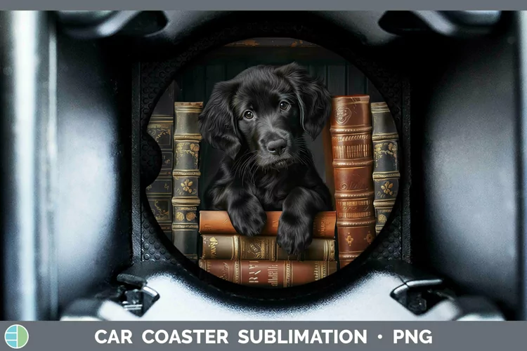 3D Books Flat-Coated Retriever Dog Car Coaster Sublimation C