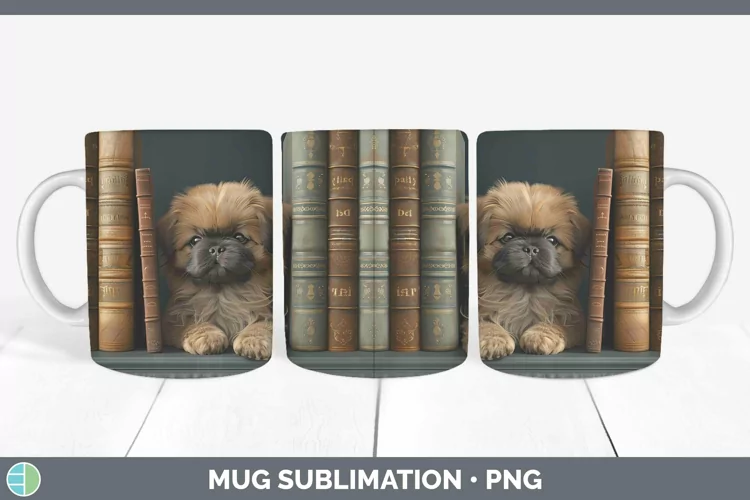 3D Books Pekingese Dog Mug Wrap Sublimation Coffee Cup Desig