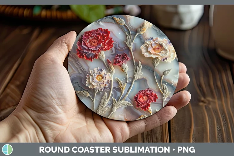 3D Agate Flowers Carnation Round Coaster Sublimation Coaster