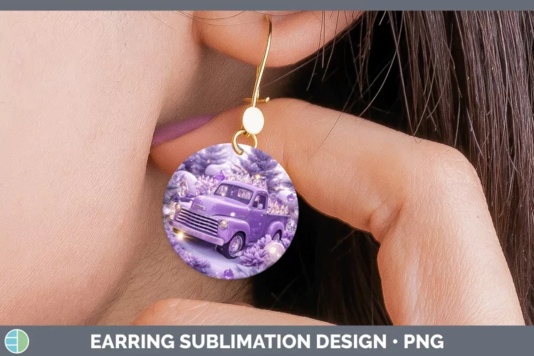 Purple 3D Christmas Vintage Truck Round Earrings Sublimation