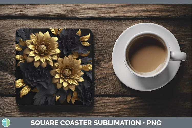 3D Black and Gold Chrysanthemum Square Coaster | Sublimation