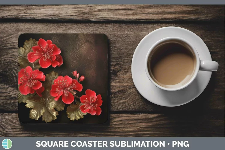 3D Black and Gold Geranium Square Coaster | Sublimation Coas