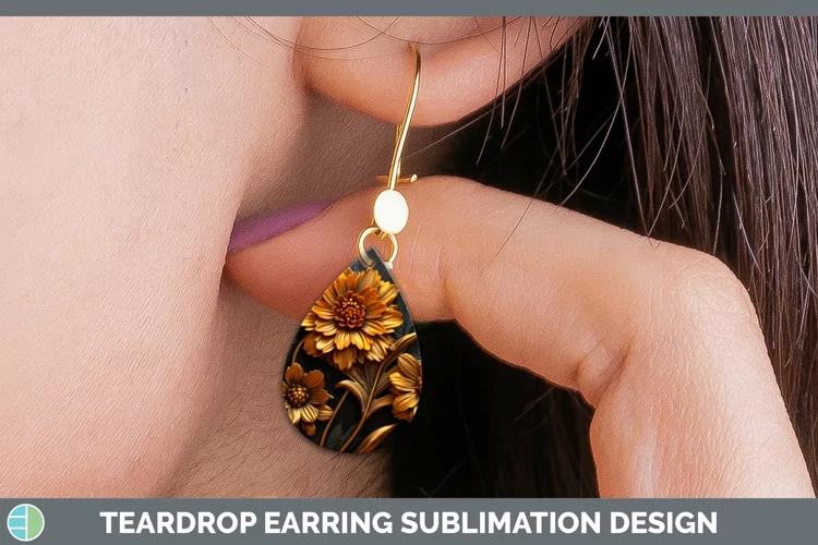 3D Black and Gold Marigold Teardrop Earrings Sublimation Ear