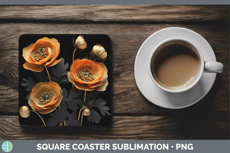 3D Black and Gold Ranunculus Square Coaster | Sublimation Co