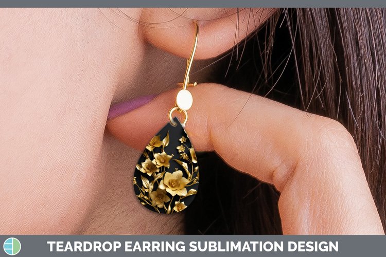 3D Black and Gold Snapdragon Teardrop Earrings Sublimation E example image 1