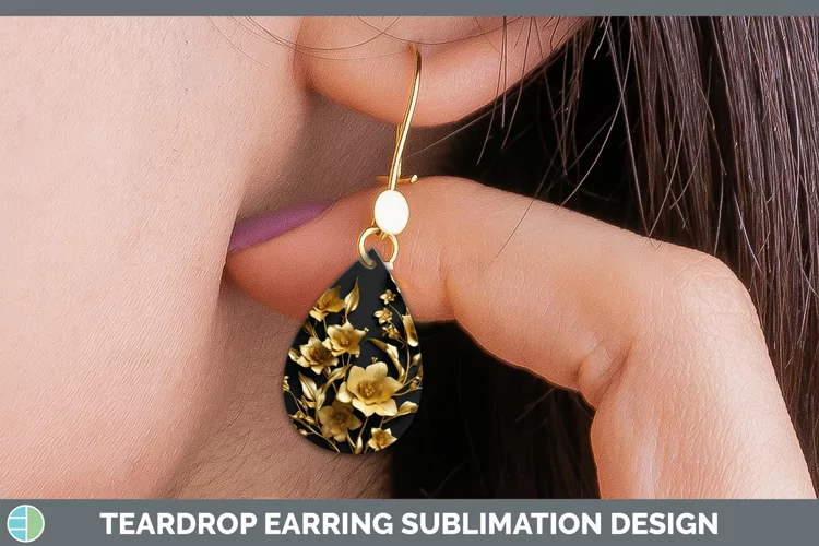 3D Black and Gold Snapdragon Teardrop Earrings Sublimation E