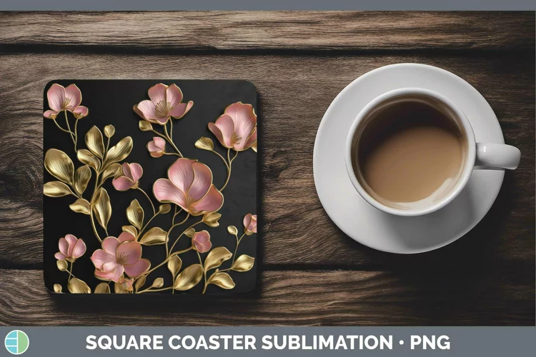 3D Black and Gold Sweet Pea Square Coaster | Sublimation Coa
