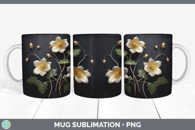3D Black and Gold Abutilon Flowers Mug Wrap | Sublimation Co example image 1