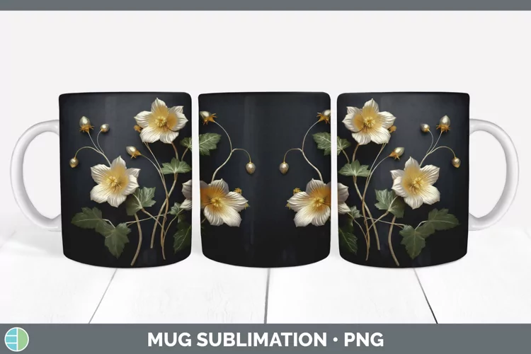 3D Black and Gold Abutilon Flowers Mug Wrap | Sublimation Co