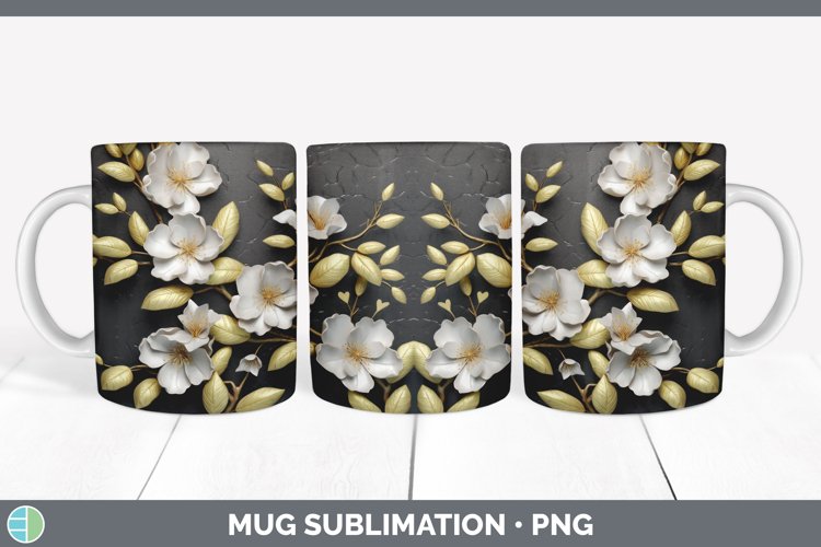 3D Black and Gold Apple Blossom Flowers Mug Wrap | Sublimati