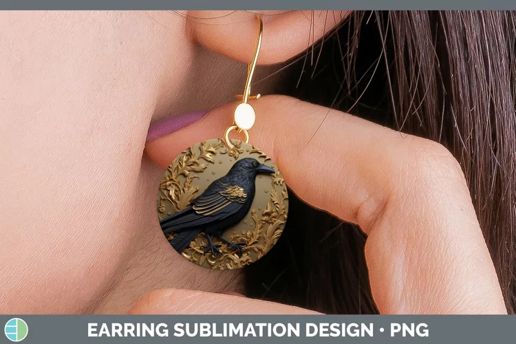 3D Black and Gold Crow Round Earrings Sublimation Earrings D